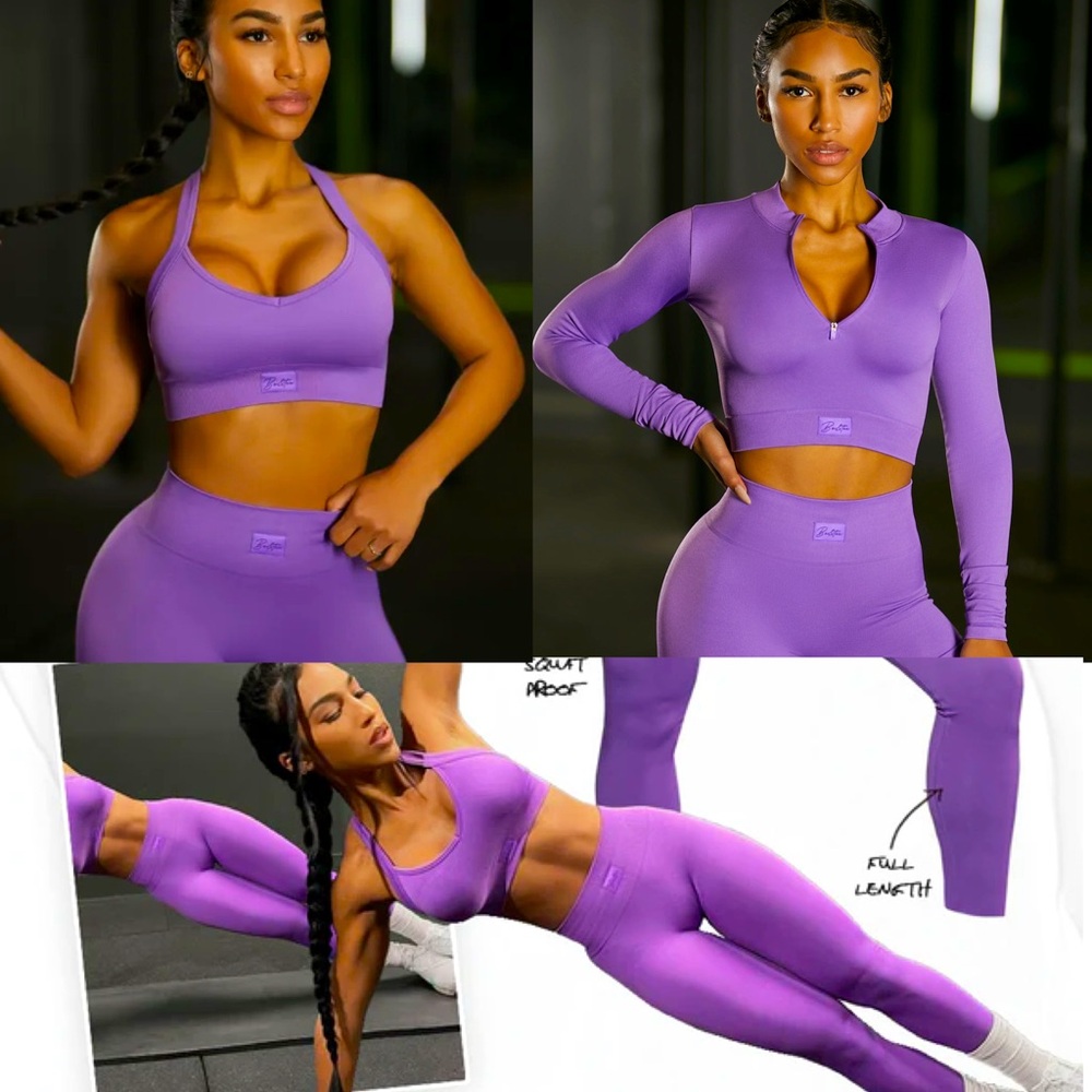 3pc Purple Bo&Tee activewear fitness gym set sports bra zip up crop top leggings